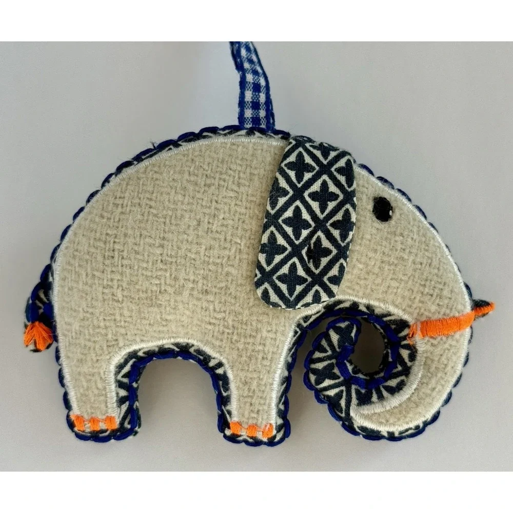 NWT Crate & Barrel Calico Blue/White Elephant w/ Neon Accents Christmas Ornament